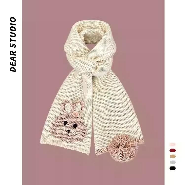 Cute Cartoon Bunny Wool Scarf Female Warm Neck Protection Student White Handmade Knitted Scarf