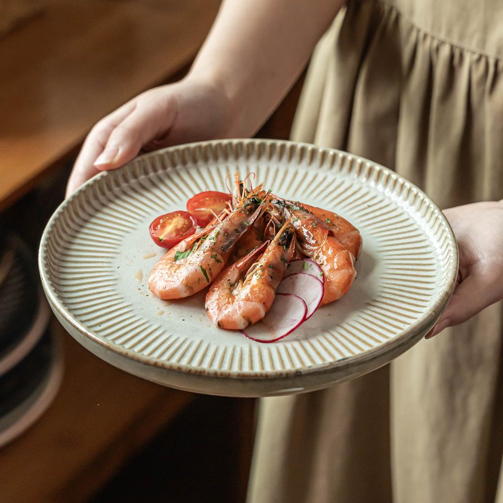 Retro Relief Striped Ceramic Plate Dinner Plate Household Western Plate Steak Plate Pasta Plate Round Vegetable Plate