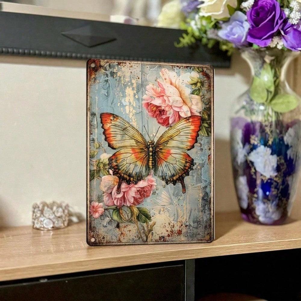 1pc Vintage Butterfly Floral Tin Sign, 2D Flat Retro Farmhouse Metal Wall Decor 12x8 Inch, Hanging Art Plaque for Living Room