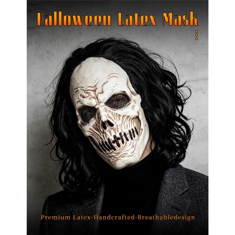Black Long-Haired Skull Mask, Perfect for Holiday Parties, Halloween Pranks, Masquerade Balls, and Carnival Parties, Made of Latex