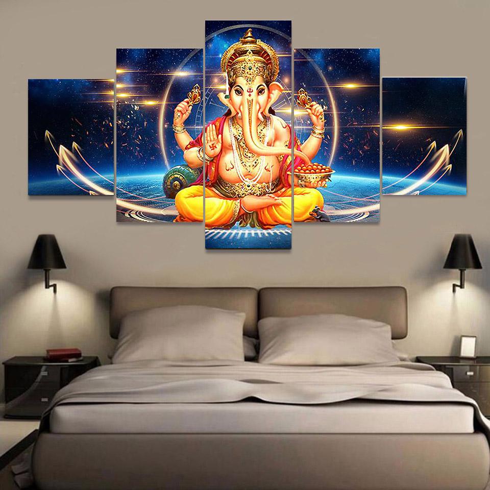 5 Panels Elephant God Vintage Hindu Lord Ganesha Canvas Painting Posters and Prints Wall Art Pictures Home Decor No Frame