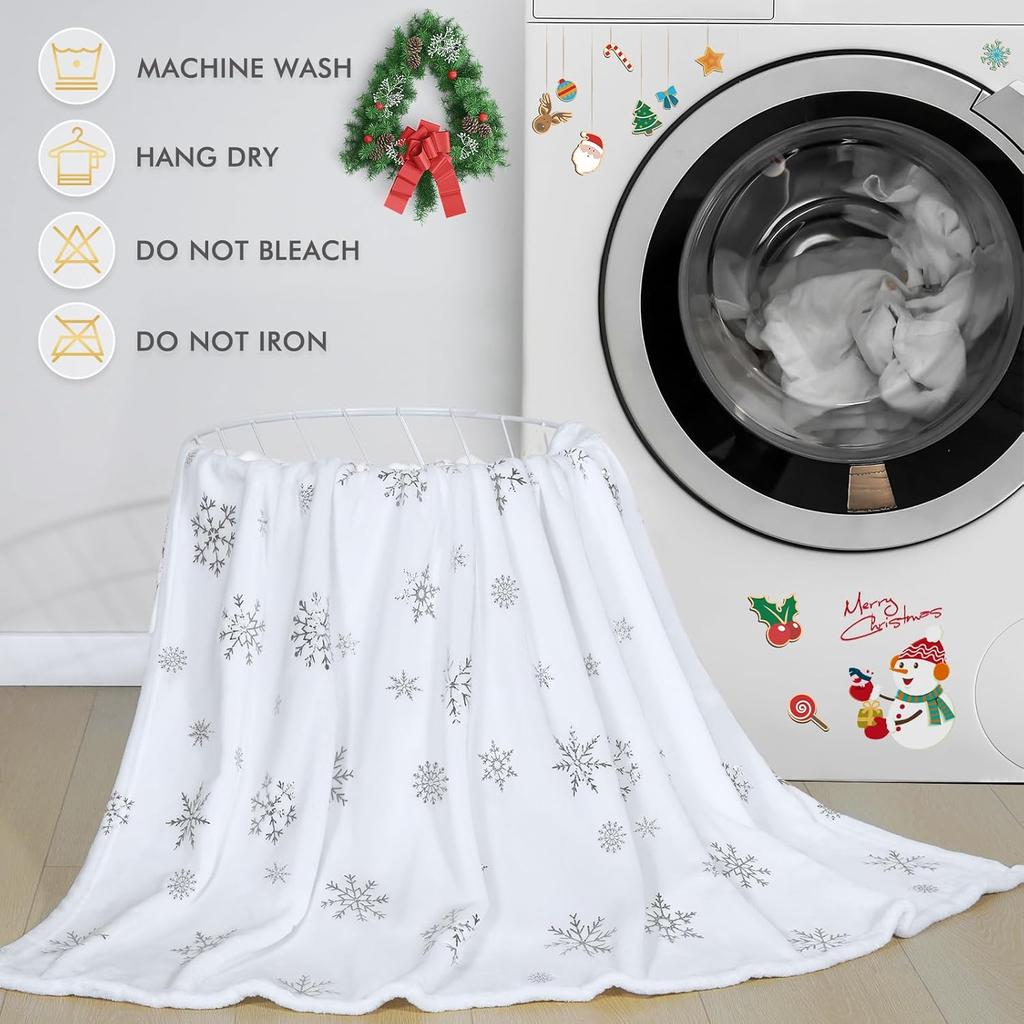 FRAMICS Christmas Throw Blanket, Soft White Winter Fleece Blanket Throw, Silver Snowflake Warm Fuzzy Flannel Blanket for Couch Sofa Decorative