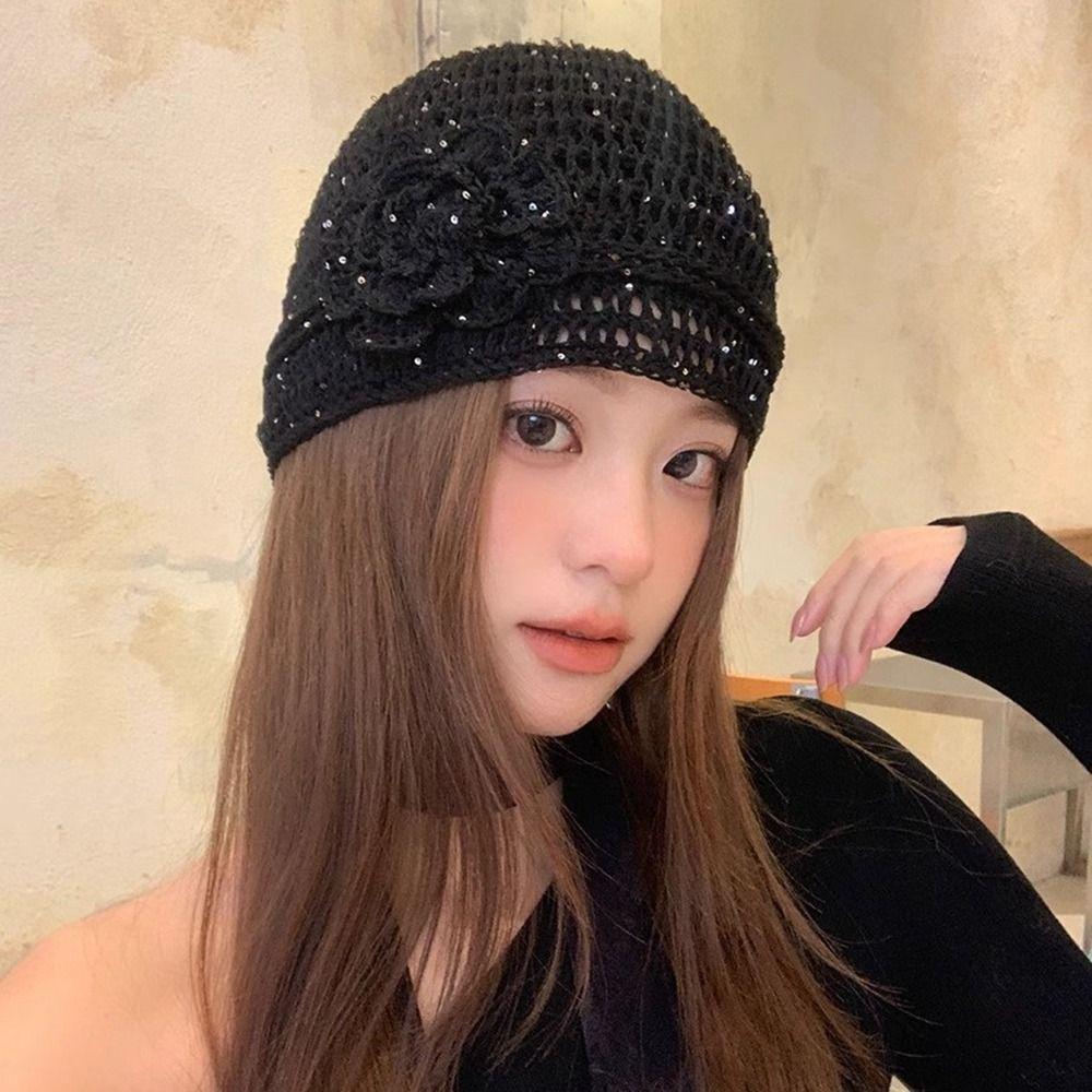 Hollow Crochet Flower Hat Glitter Weave Cap Casual Sequin Knitted Hat  Apparel Accessories