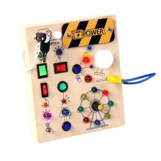 LED Light Switch Busy Board Toddler Light-up Switch Control Wooden Board Toy Portable Travel Fine Motor Skills Kids Early Learning Activity Game Board
