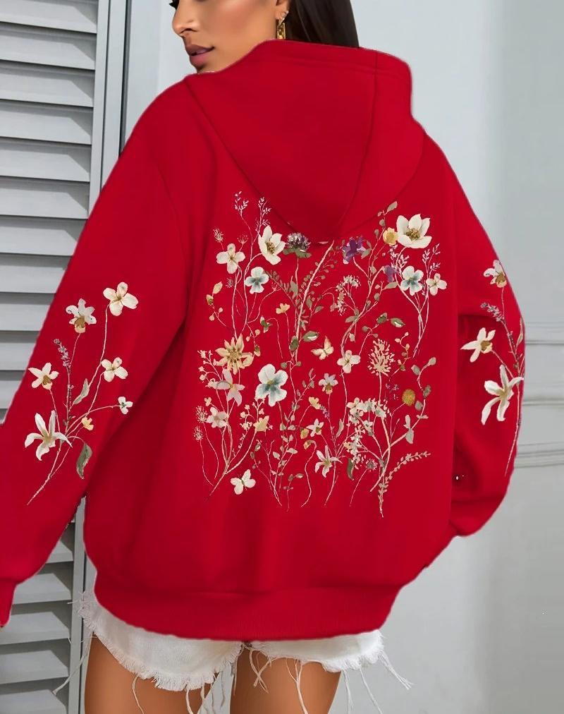 Damen Kapuzenpullover mit Blumen-Cluster-Print - Herbst Locker Lässig Fleece Pullover mit Taschen