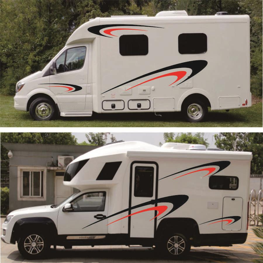 Car Two Body Side Stripes Stickers Vinly Decals Black+Red For Camper RV Trailer