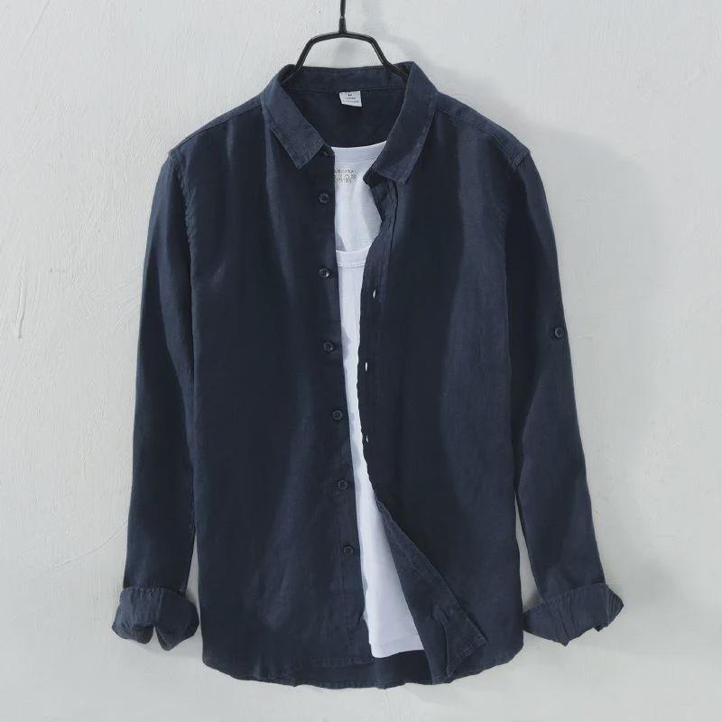 

Мужская повседневная белая рубашка из дышащего льна с длинными рукавами — облегающая, легкая, устойчивая к ультрафиолетовому излучению L 57-63 kg темно-синий