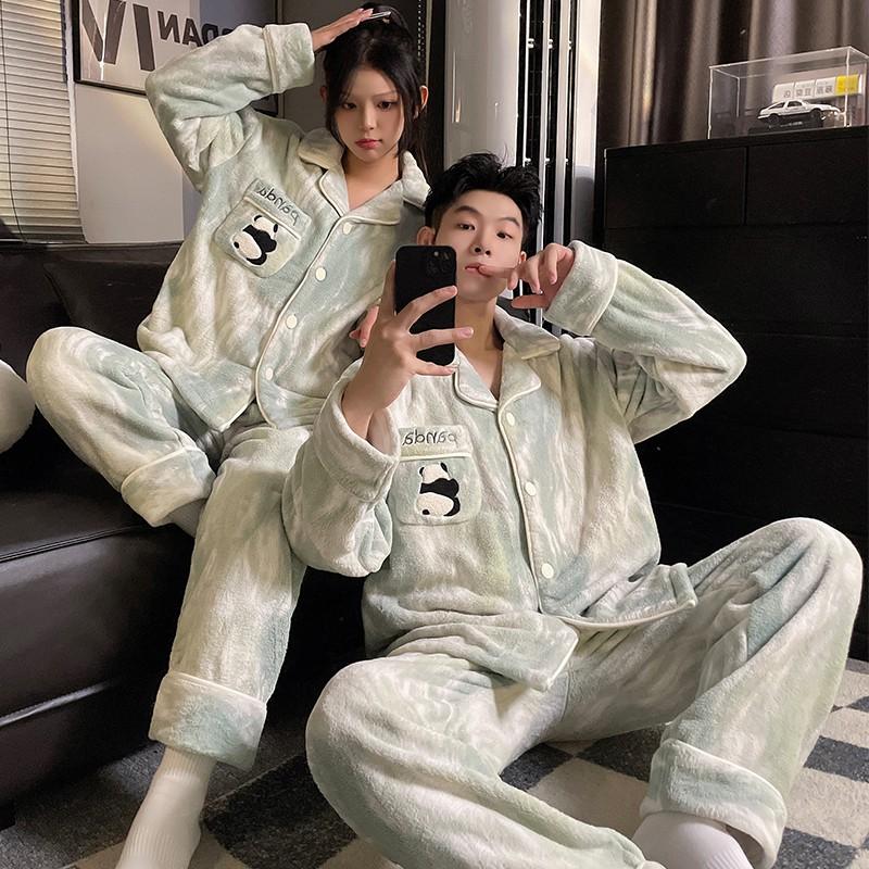 Coral Fleece Couple Pajamas Set Cartoon Lined Zip Sleepwear Men Women
