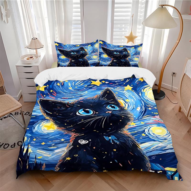 3pcs Starry Night Kitten Printed Quilt Set - Soft and Comfortable Quilt Cover for Bedroom, Guest Room and Dormitory Decorative Bedding Set 1
