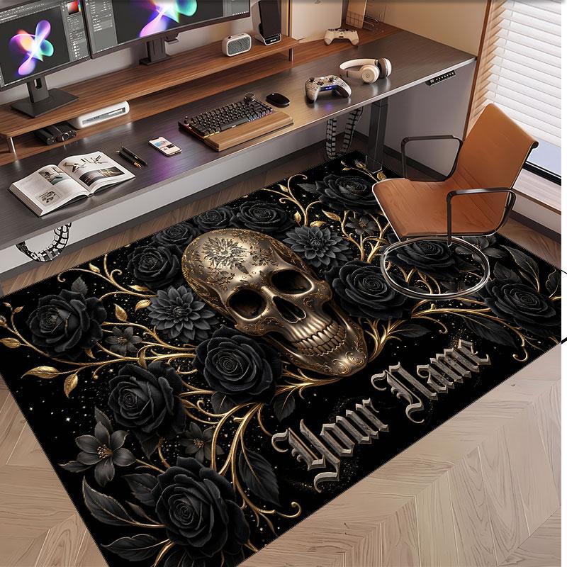 Totenkopf Gothic Thema Weicher Kristall-Samt Teppich Benutzerdefinierter Name & Text Druck Rutschfester Boden Teppich für Schlafzimmer Wohnzimmer