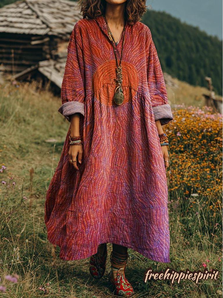 Retro Böhmisches V-Ausschnitt Ethnisches Stil Kleid - Europäischer & Amerikanischer Lässiger Lockerer Schnitt