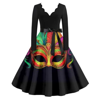 Women's Casual Fashion V Neck Long Sleeve Printed Vintage Long Dress