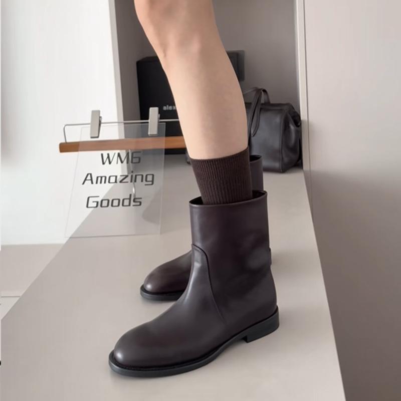

Cowhide version~ Korean version of simple round head thin short boots for women 25 years old new one-pedal commuting temperament low-heeled bare boots 40