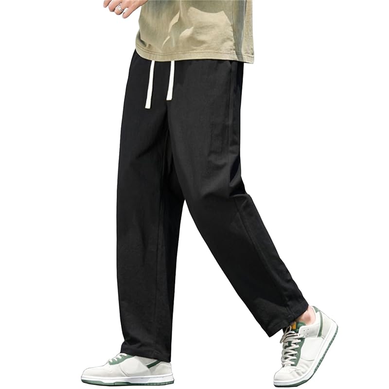 

[JHIJSC] sarouel pants men s pants spring Relaxing cotton linen Plain color wide pants Fashionable big size (JP, alphabet, M, black)