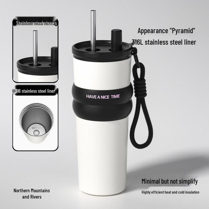 316 Stainless Steel Thermos Cup with Straw - Large Capacity, High Aesthetic Design for Coffee and Cold Drinks, Perfect Gift
