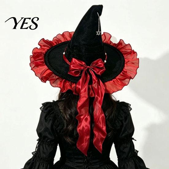 Carnival Witch Hat Halloween for Women, Velvet Wizard with Ruffle Mysterious Design Brim And Bow Party, Masquerade, Cosplay Costume Accessory Black