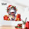 Decorative Stickers for Balcony Cartoon Hippo Christmas Wall Decal, Cute Sticker with Colorful Lights & Cheerful Animal Pattern Xmas Balls, Waterproof
