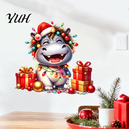 Decorative Stickers for Balcony Cartoon Hippo Christmas Wall Decal, Cute Sticker with Colorful Lights & Cheerful Animal Pattern Xmas Balls, Waterproof
