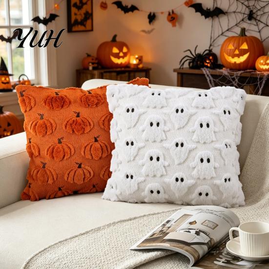 Soft Short Plush Fabric Halloween Ghost Cushion Cover, Throw Pillow Case, 18x18 Inches Pumpkin Holiday Gift for Home Bat Cover Sofa Couch Bed