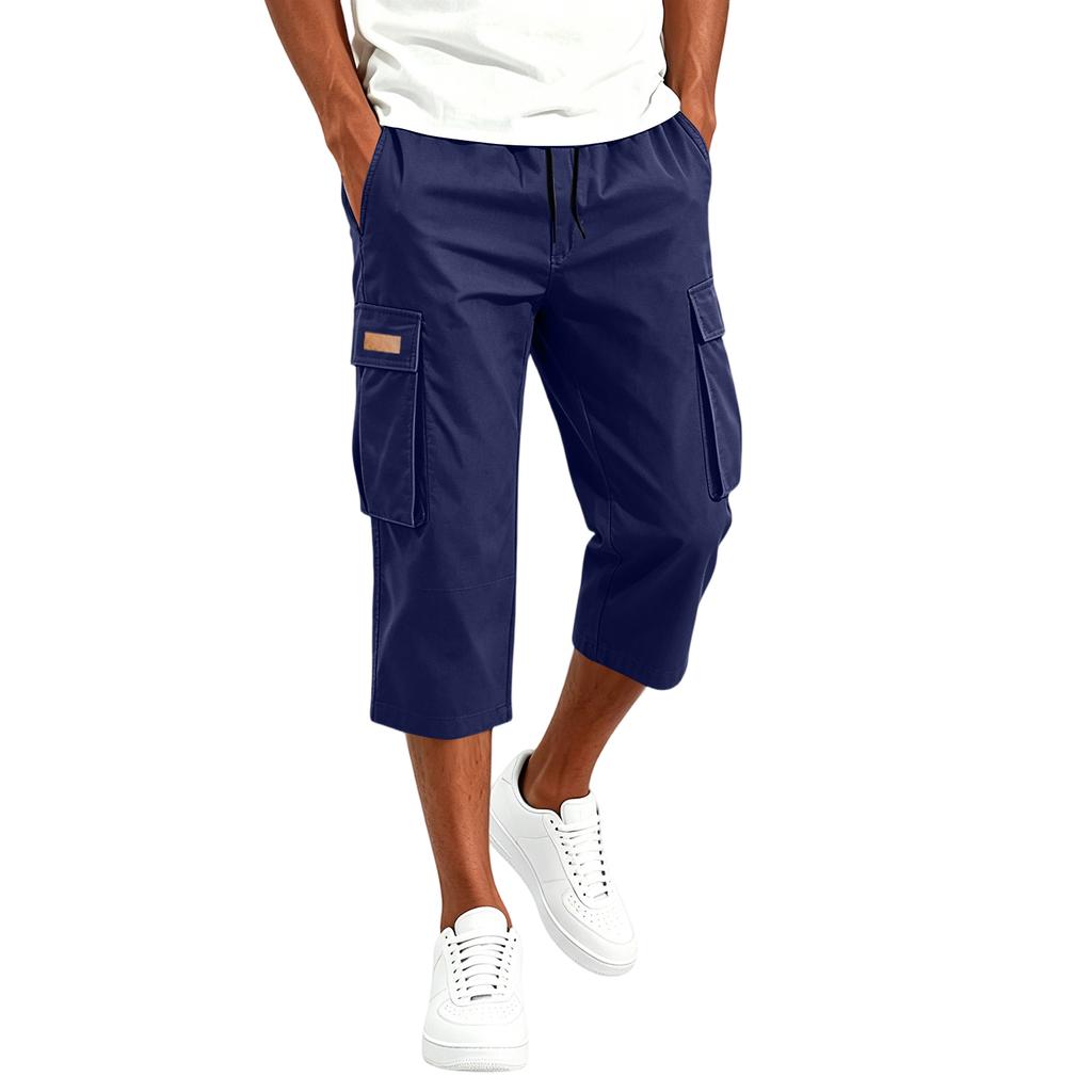 Men's Cargo Drawstring Pants Casual Multi Pocket Capri Work Trousers Lightweight Breathable Outdoor Utility Pants for Daily Wear