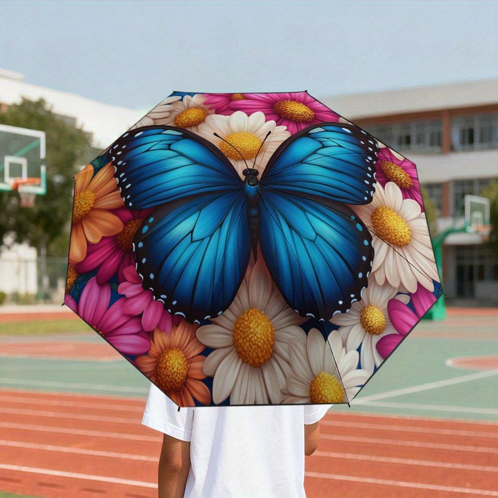 

1pc s Blue Butterfly & Pink Daisy Open/Close Umbrella - 8-Rib Reinforced, Lightweight Compact Folding Parasol with White Dais (as the picture,Iron&8K)