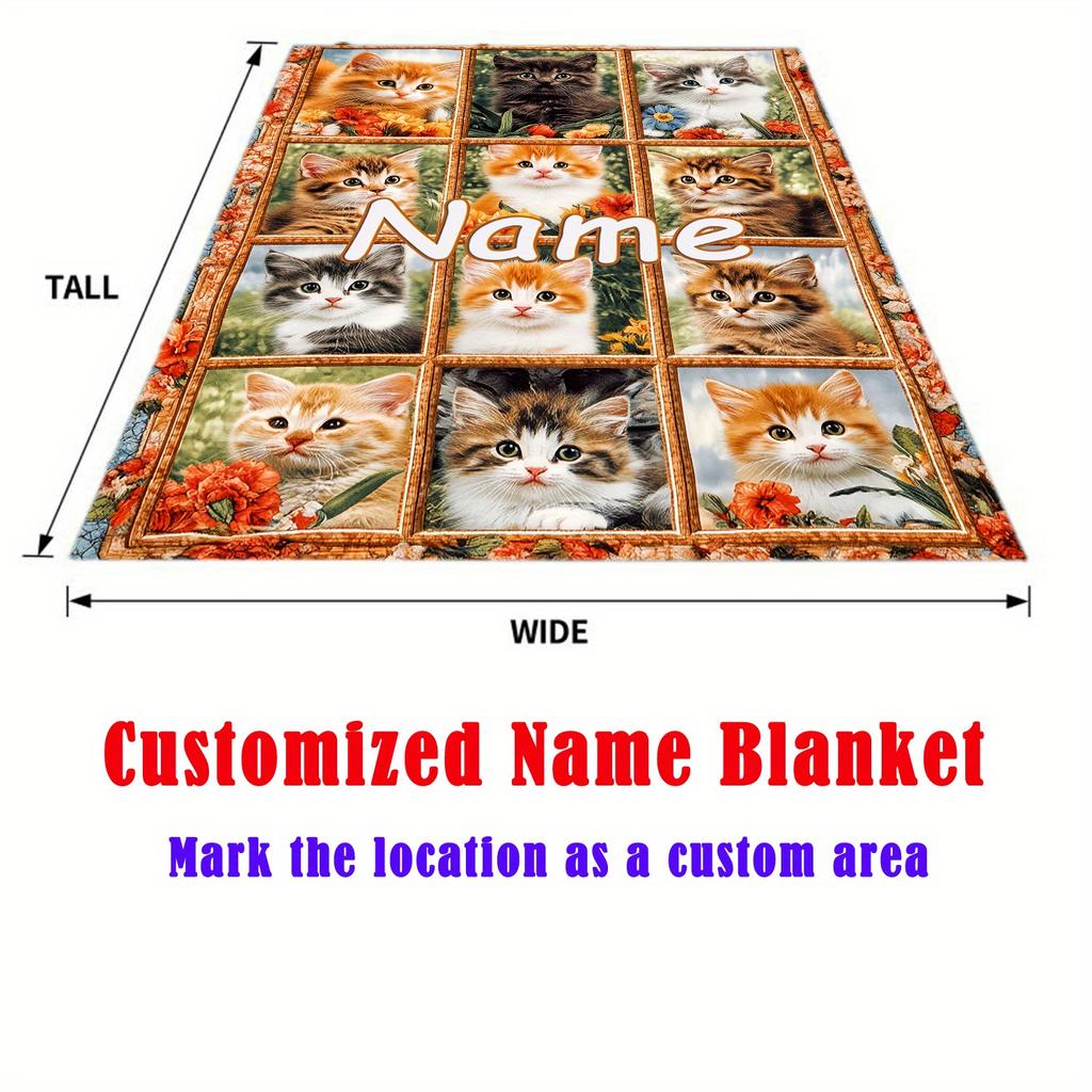 Custom 9 Grid Kittens Fleece Blanket Personalized Name Cute Cats Print Throw Soft Cozy All Season Bedding Gift For Cat Lovers