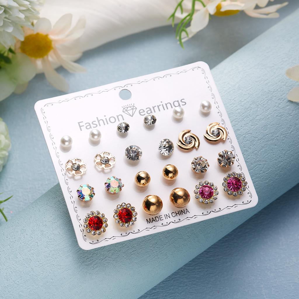12 Pairs/Set Flower Heart Earrings Set for Women Geometric Rhinestone Simulated Pearl Piercing Ball Earring Jewelry Accessories