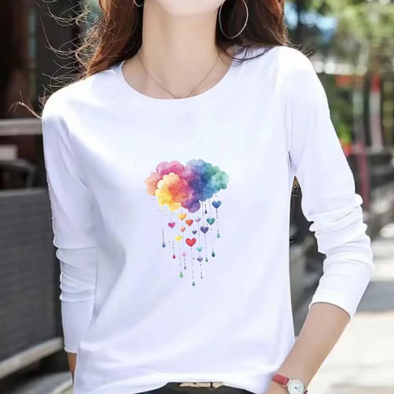 Women's Casual Heart Letter Print Long Sleeve Round Neck T-shirt for Spring & Autumn