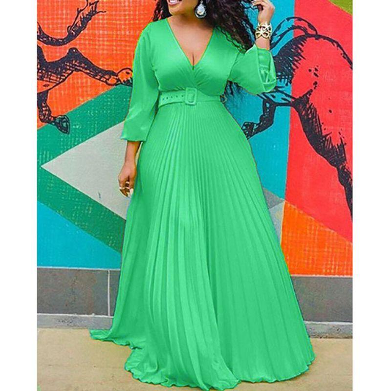 

Solid Color Temperament Retro Chiffon Long Sleeve Long Dress Green XXXL