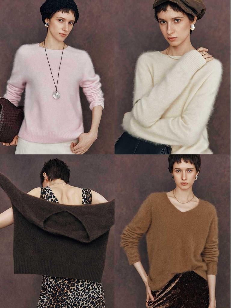 Seamless Wool-Cashmere Brushed V-Neck/Round Neck Pink Knit Base Layer Sweater