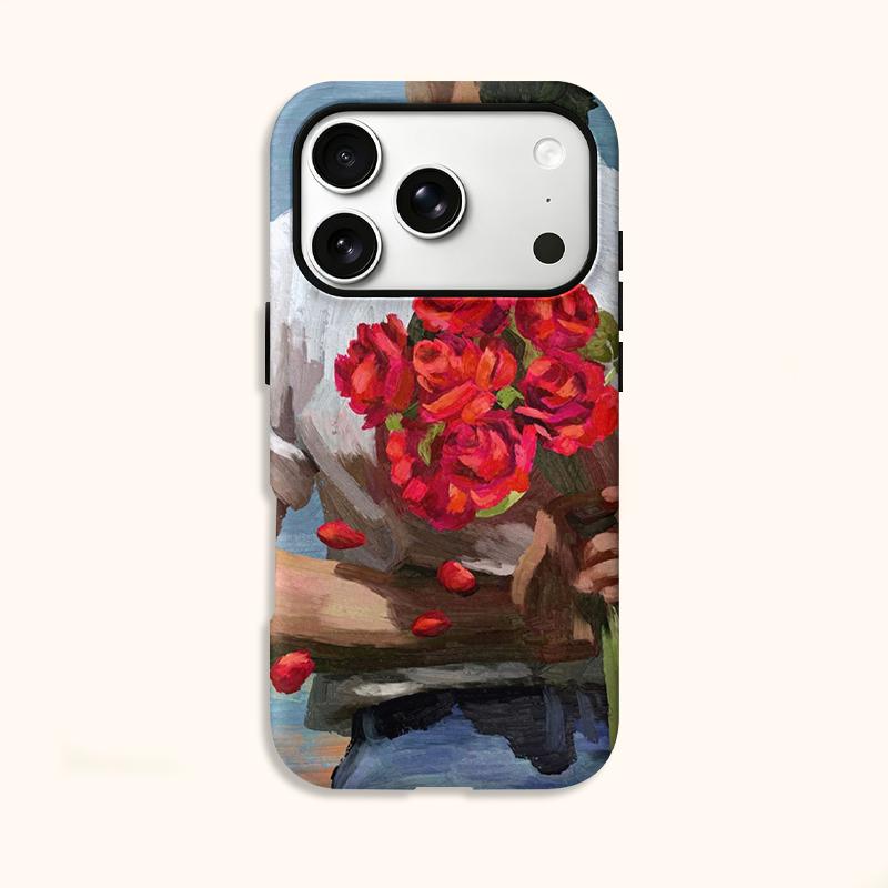 Impressionist Romantic Bouquet Red Rose Oil Painting Fine Art Film Aesthetic Protective Shockproof Bumper Case Cover For iPhone 14 15 16 Pro Max Plus