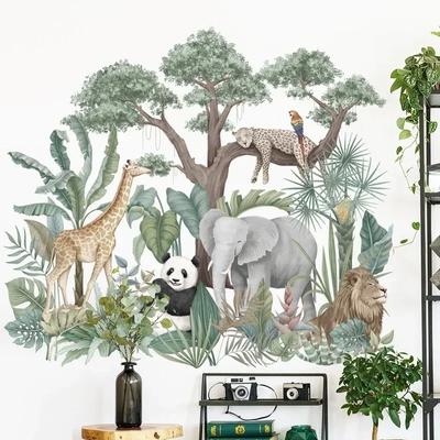 Autocollants muraux animaux de la forêt tropicale Salon Chambre Canapé Fond Décoration murale Girafe Éléphant Maison Autocollants muraux