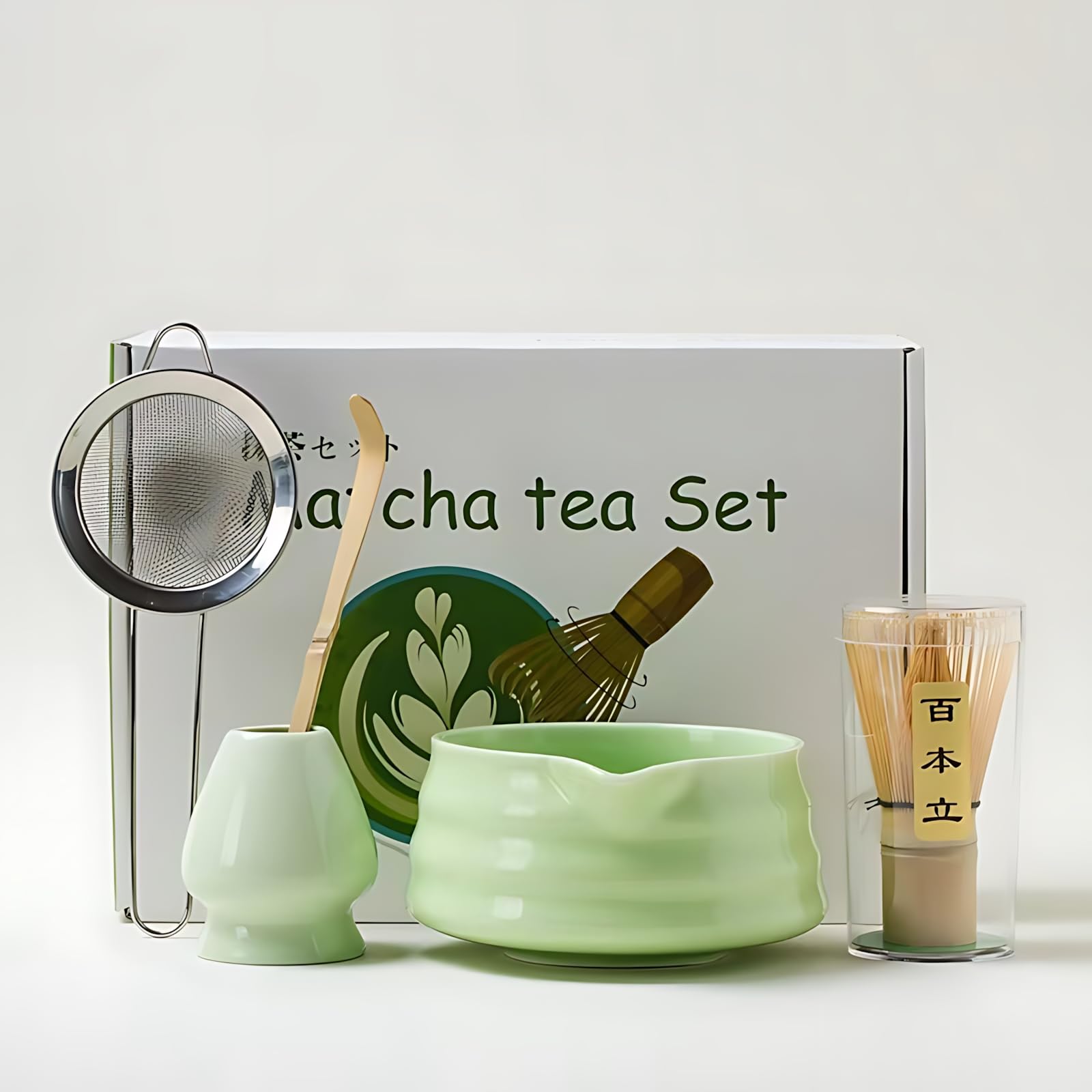 

Matcha set, 5-piece tea utensil set including tea whisk, tea bowl, tea whisk stand, tea scoop, and tea strainer, Matcha green [Product]