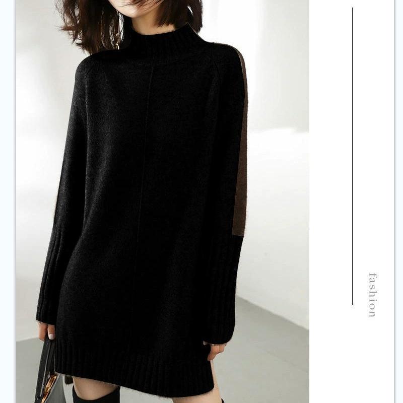 Autumn New Style Half-high Collar Color Matching Dress Sweater Ladies Mid-length Blouse Loose Large Size Knitted Skirt Outer Wear