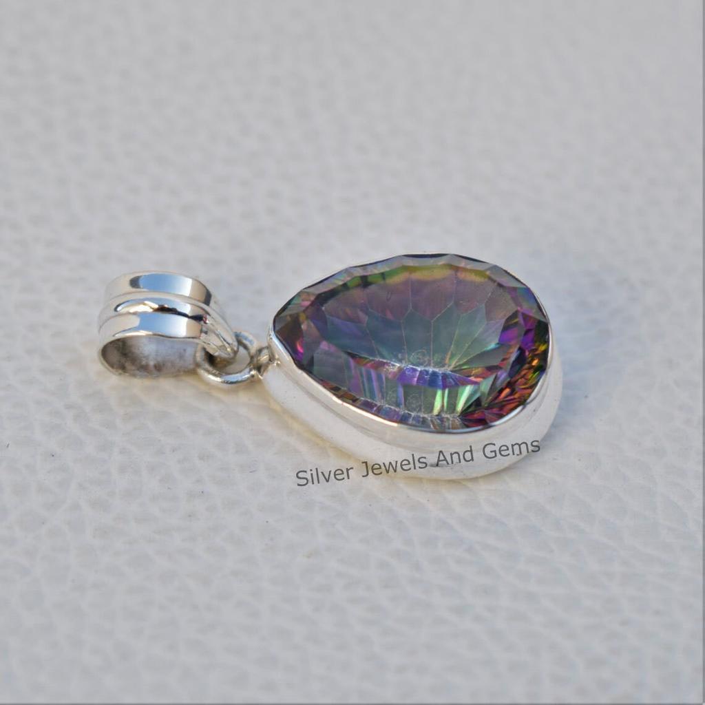 Mystic Topaz Pendant, 925 Sterling Silver Pendant, Teardrop Topaz Necklace, Anniversary Pendant, Handmade Pendant