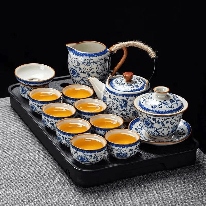 Underglaze Ceramic Tea Set with Entwined Lotus Pot (9-piece)