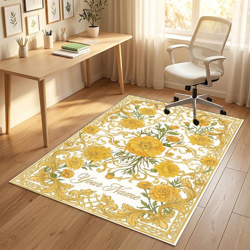 Golden Floral Elegance Theme Soft Crystal Velvet Rug Custom Name & Text Print Non Slip Floor Rug for Bedroom Living Room