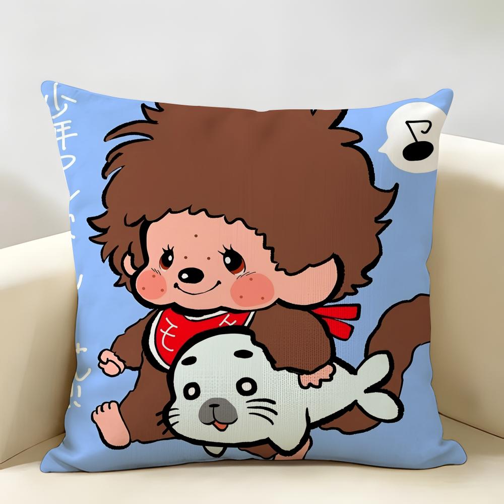 MMonchhichi Cute Cushion Cover Natural Linen Organic Fabric DoubleSided Printing Room Sofa Decor Pillow Case