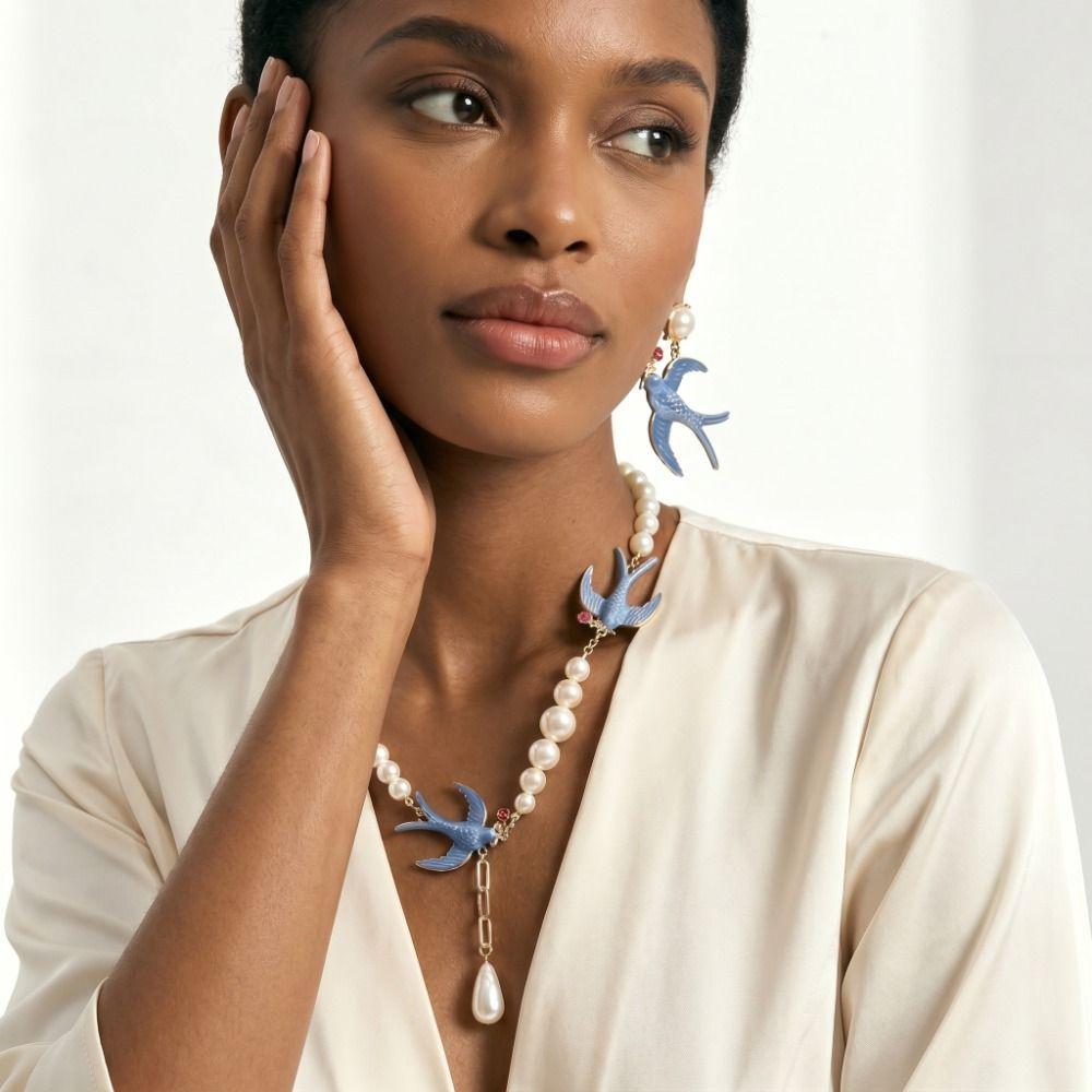 Beads Blue Enamel Swallow Necklace Bird Women's Jewelry Set Luxury Geometric Earrings Evening