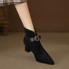 Fashion Square Heel Single Shoes Fall New Pointed Toe Suede Metal Buckle Back Zipper Anti-Slip Wear-Resistant Short-Thigh Boots