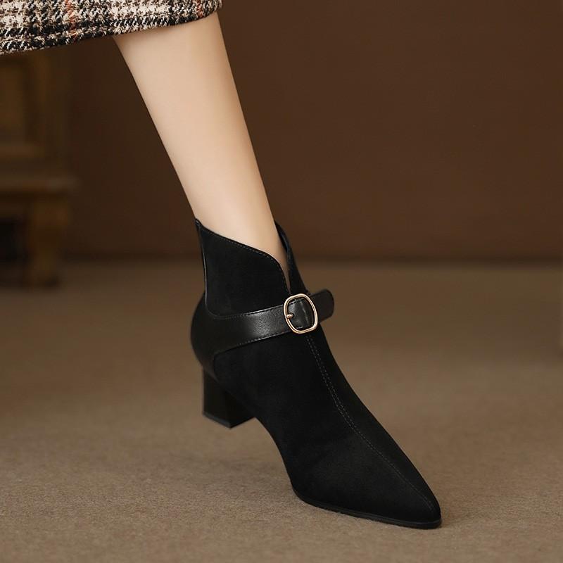 Fashion Square Heel Single Shoes Fall New Pointed Toe Suede Metal Buckle Back Zipper Anti-Slip Wear-Resistant Short-Thigh Boots