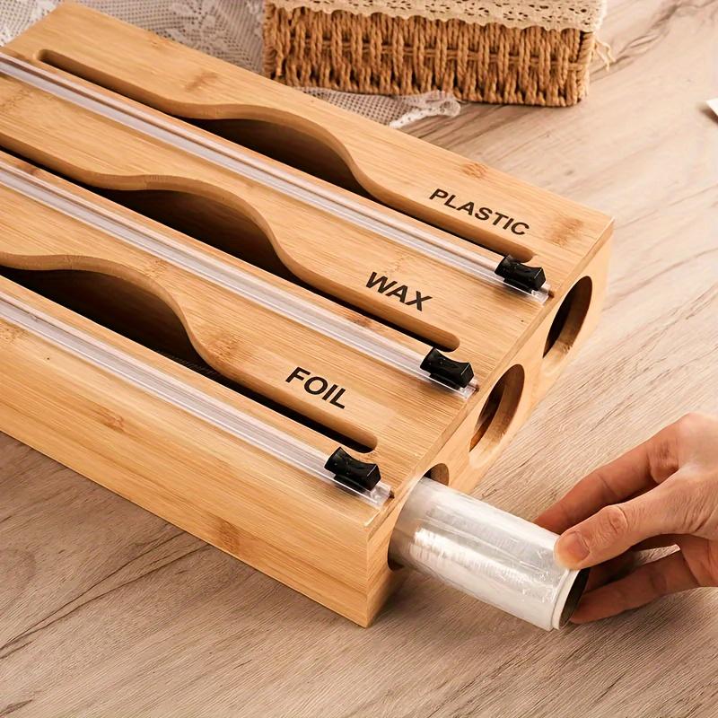 Bamboo Wrap Dispenser Storage For Aluminum Foil With Cutter Cling Film Cutter Holder Kitchen Accessories Organizer Storage Shelf