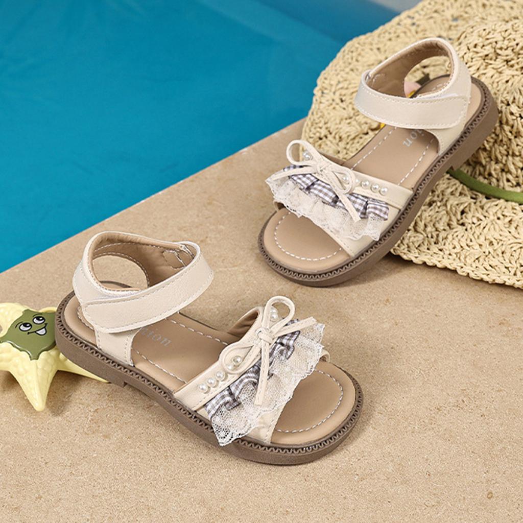 Girls Open Toe Sandals Lace Pearl Bowknot Decoration Adjustable Strap Comfortable Sole Casual Footwear for Little Girls