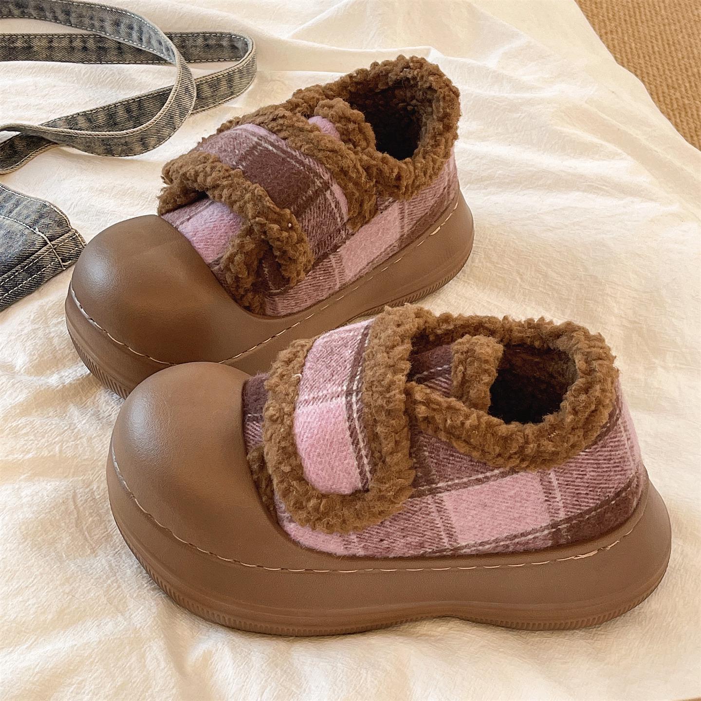 

Women s Winter Plaid Velcro Cotton Slippers - Thick-Soled, Non-Slip, Plus Velvet, Warm Indoor Footwear 38-39 (Fits 37-38)