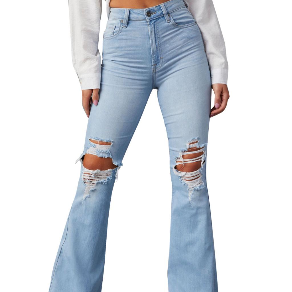 Nowe damskie dżinsy z wysokim stanem i dziurami, spodnie rozszerzane w stylu Spice Girls, spodnie damskie