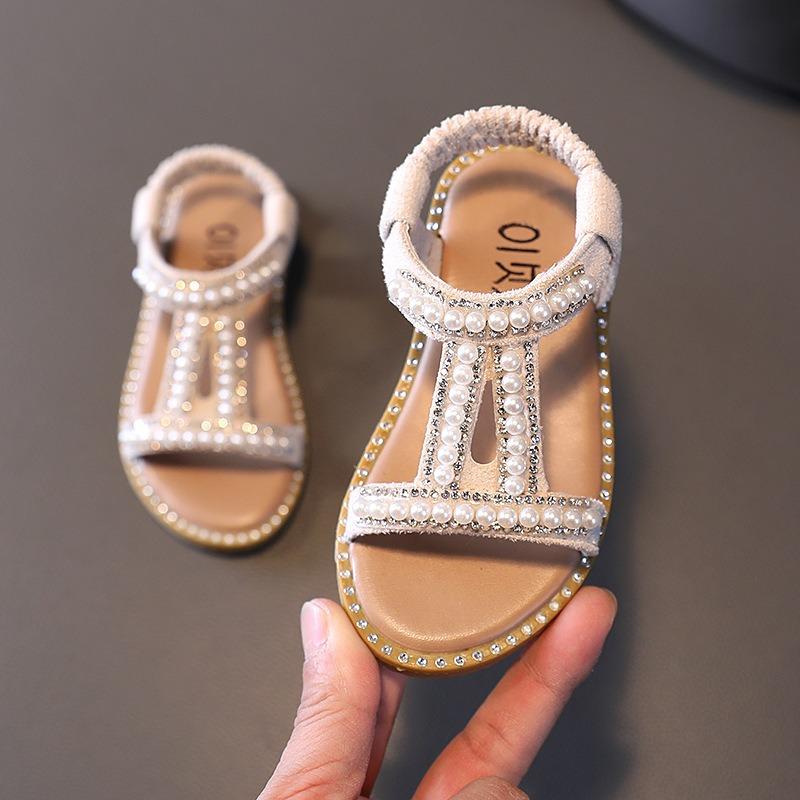 Summer Korean Style Princess Shoes for Baby Girls, Non-Slip Pearl Roman Sandals, Open-Toe Girls' Beach Shoes.