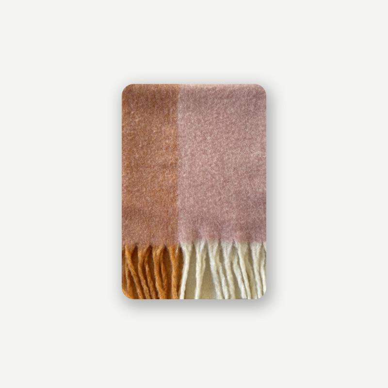 Warm Marshmallow Color Matching Wool Blended Tassel Large Plaid Tassel Scarf for Women Winter Thickened Scarf