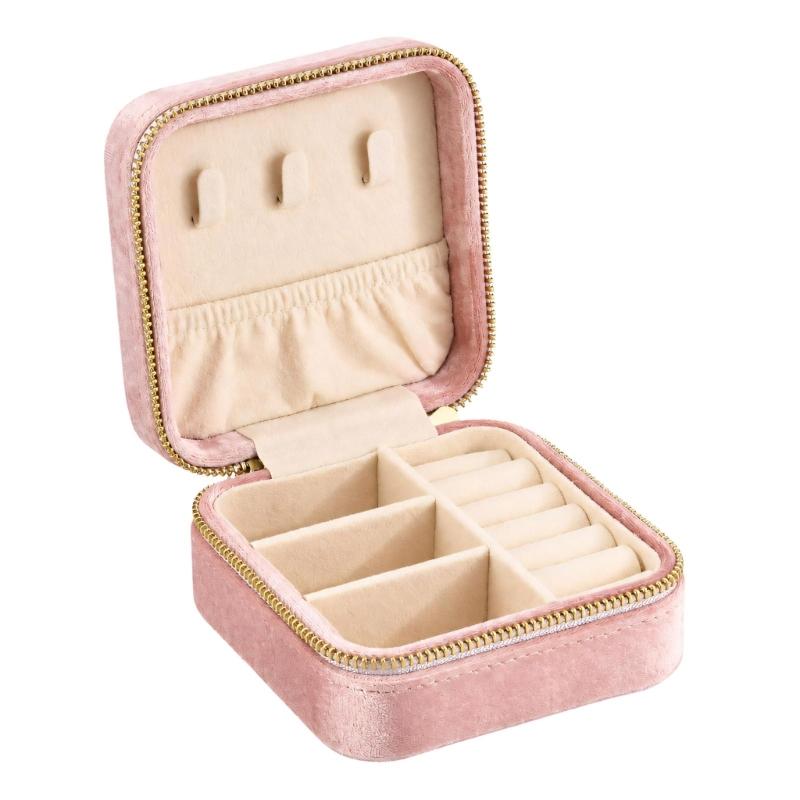 Travel Jewelry Case with Fabric Exterior, Wraparound Zipper, Base Compartments, Ring Rolls, and Elasticized Lid Pocket