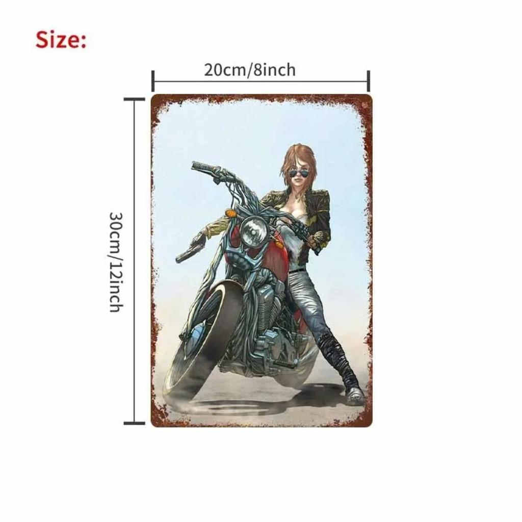 Vintage Motorcycle Lady Tin Sign Metal Wall Art for Bar Garage Man Cave Decor