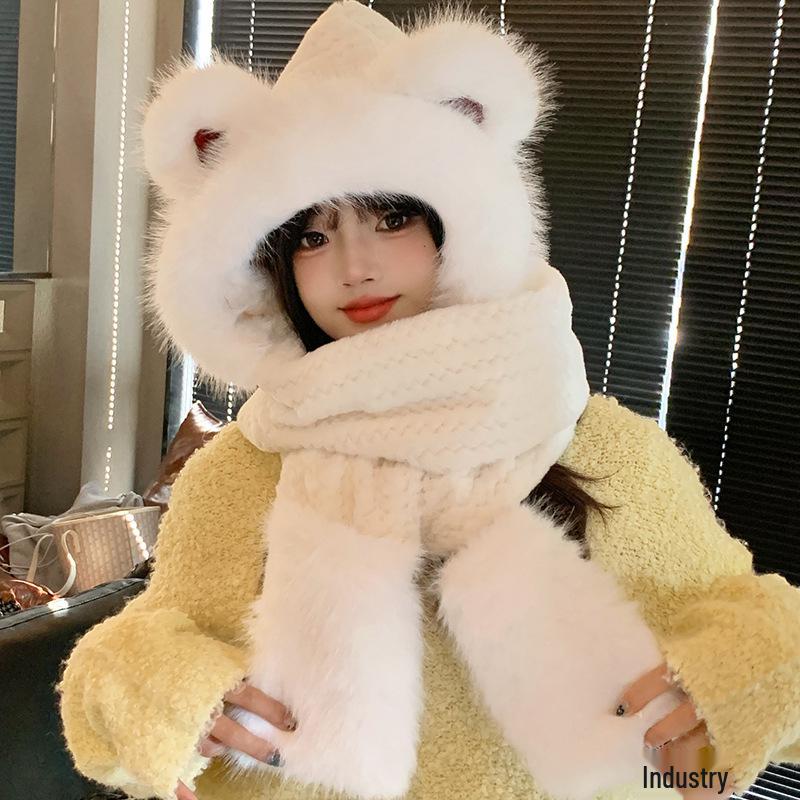 2025 Women's Cute Bear Hood: Winter Plush Hat, Scarf, Gloves Set